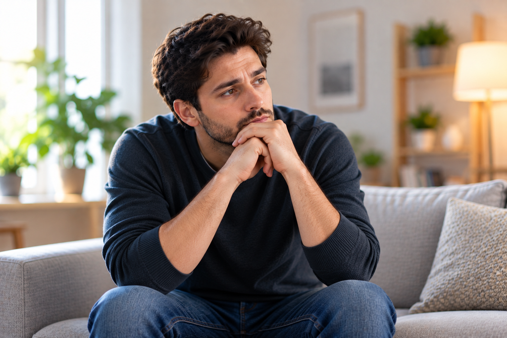 A man sitting on a sofa, looking thoughtful and emotionally overwhelmed while struggling with hidden depression
