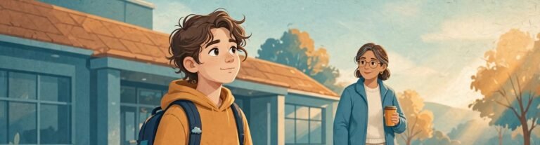 Illustration of a teenager with a backpack outside school in the morning, with a supportive parent nearby.
